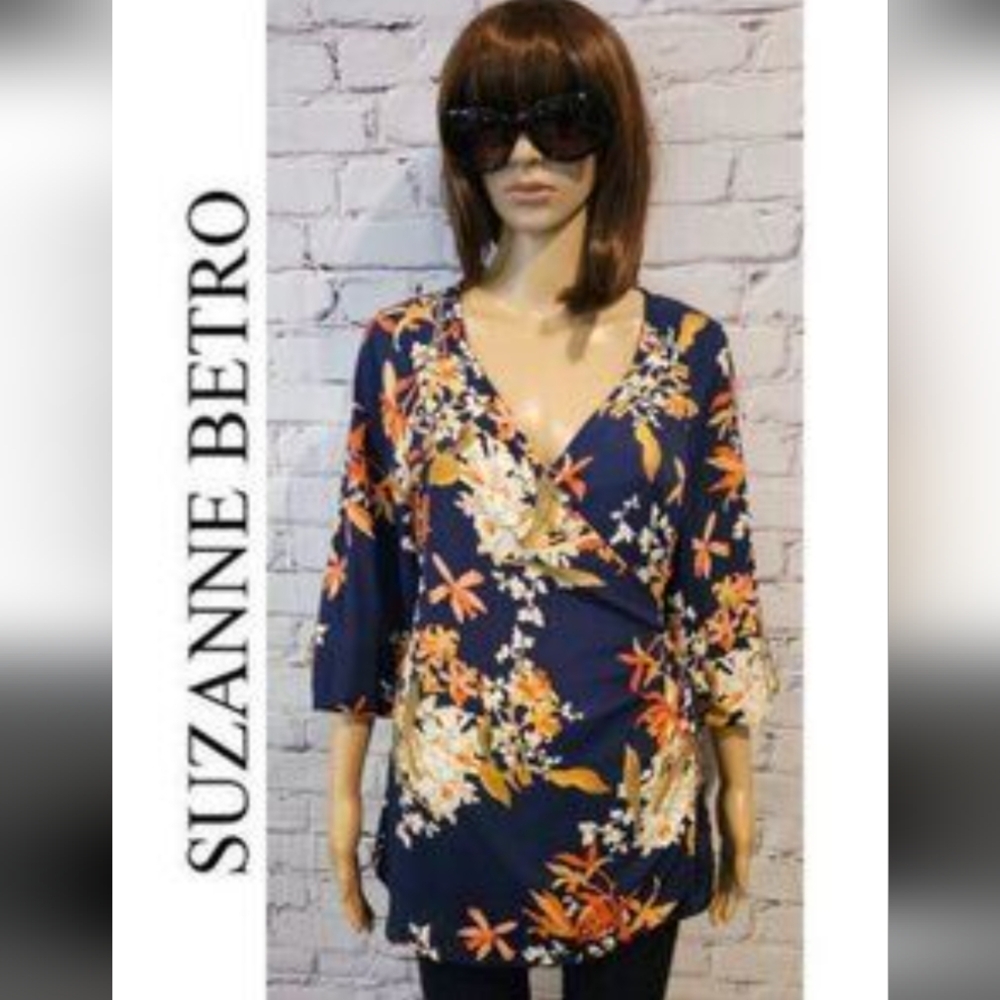 Suzanne Betro Floral Wrap Blouse in Navy and Orange - Picture 6 of 7